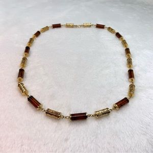 Sarah Coventry Ornate Gold Tone Tortoise Shell Tubular Necklace Vintage